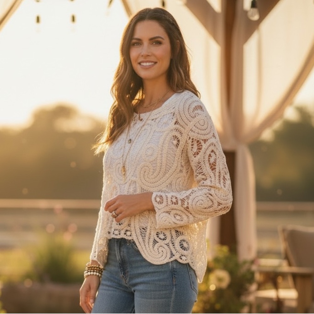 POL Crochet Lace Top Cream Paisley Open Knit Boho‎ Blouse – One Size NWOT